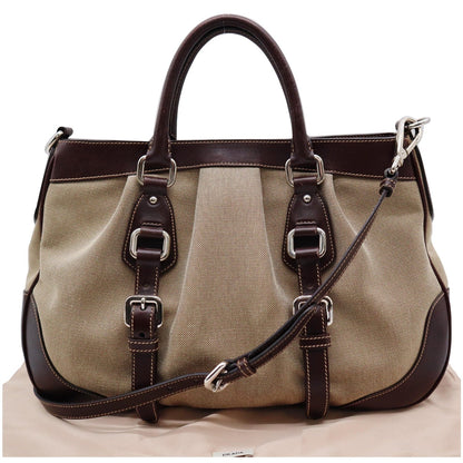 PRADA Jacquard Logo Canvas Leather Tote Shoulder Bag Beige