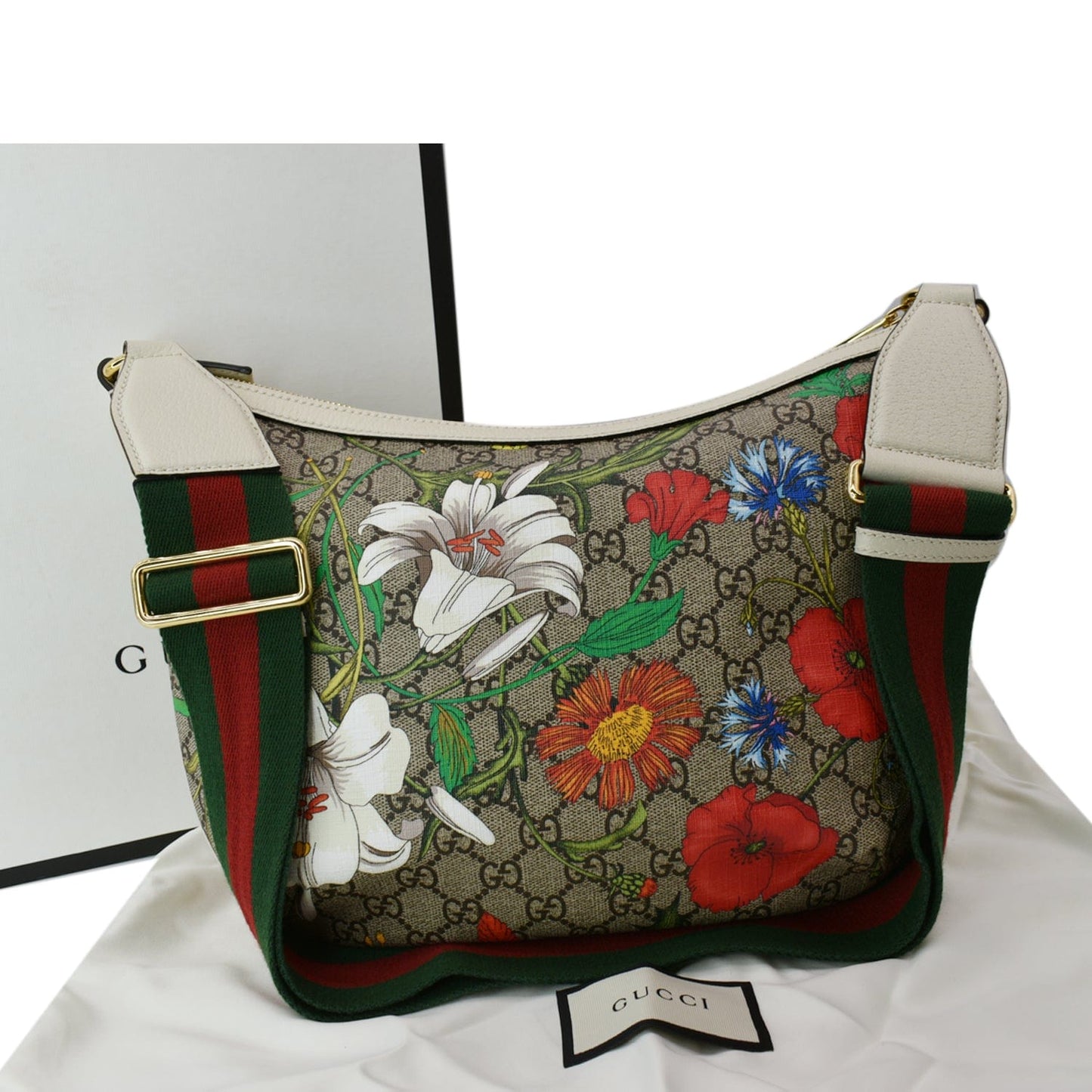 GUCCI Ophidia Half Moon Small Flora GG Canvas Hobo Bag Beige 626509