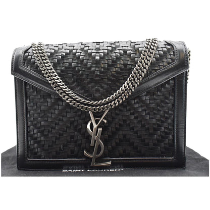 YVES SAINT LAURENT Cassandra Medium Woven Leather Chain Shoulder Bag Black