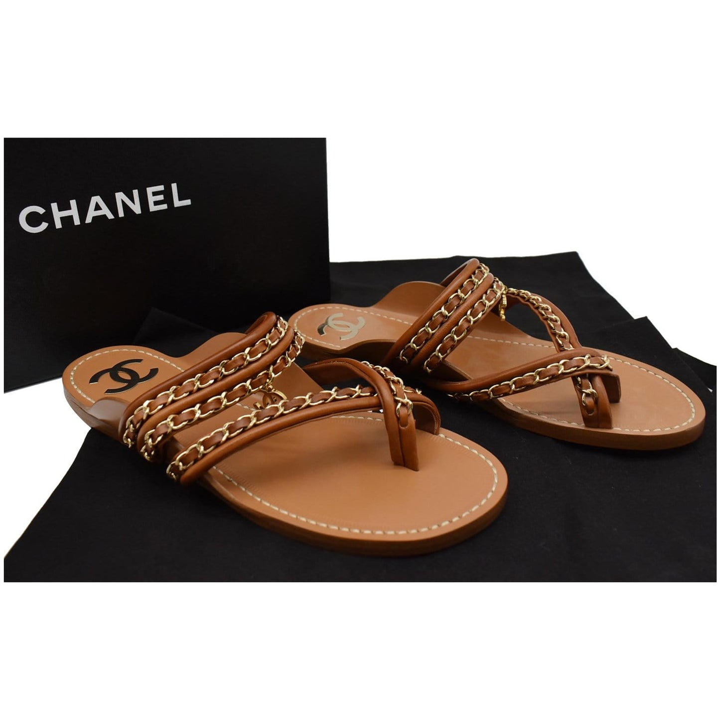 Chanel Thong CC Charm Leather Flat Sandals Brown 39