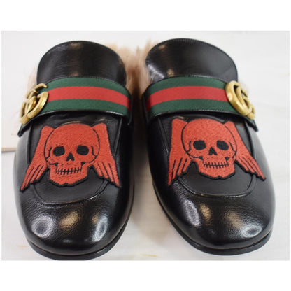 GUCCI Princetown Skull Angel Fur Leather Slipper Black US 7