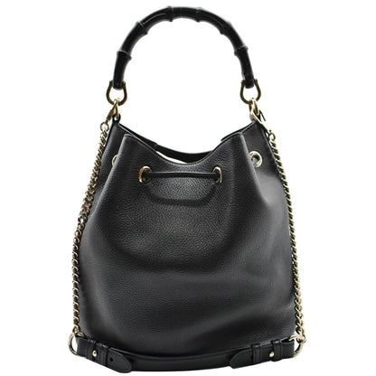 GUCCI Miss Bamboo Medium Leather Bucket Shoulder Handbag Black 387613