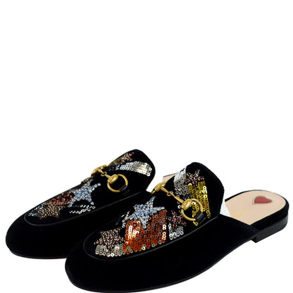 GUCCI Princetown Sequined Suede Mules Slipper Black US 5.5