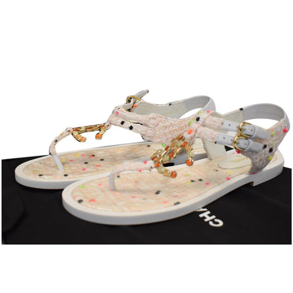 CHANEL Thong Tweed Sandals Off White Size 40