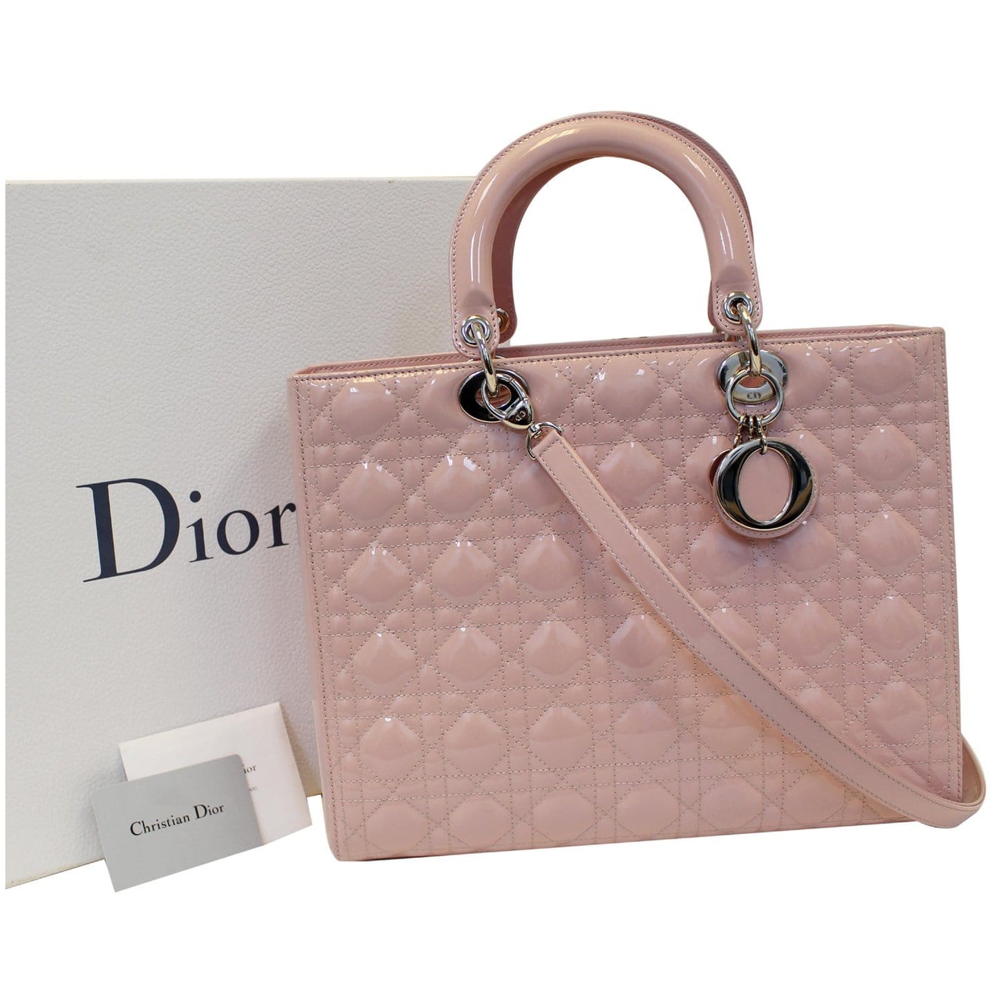 CHRISTIAN DIOR Quilted Patent Leather Lady Dior Large Shoulder Bag Pink