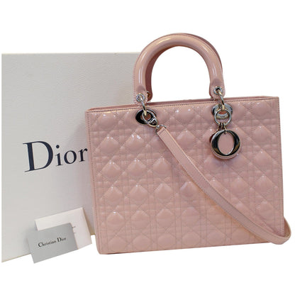 CHRISTIAN DIOR Quilted Patent Leather Lady Dior Large Shoulder Bag Pink