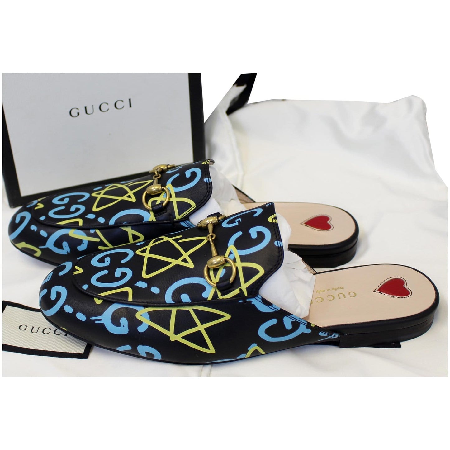 GUCCI Princetown Gucci Ghost Print Flats Black US 7