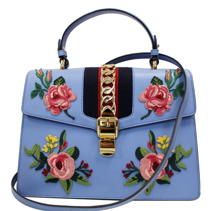 GUCCI Sylvie Embroidered Leather Medium Top Handle Bag Blue 431665