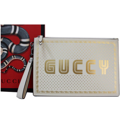 GUCCI GUCCY Star Print Leather Clutch Bag White 510489