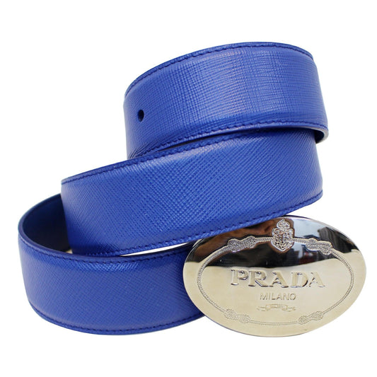 PRADA Round Logo Blue Saffiano Leather Belt Size 40