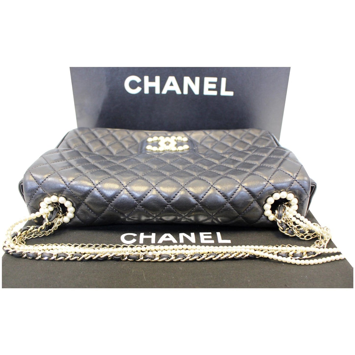 CHANEL Westminster Pearl Flap Lambskin Medium Shoulder Bag Black