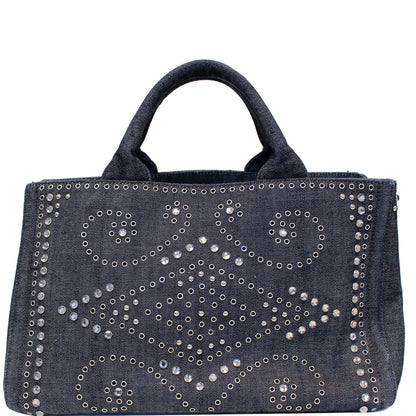 PRADA Canapa Jeweled 2way Tote Bag Denim - Last Call