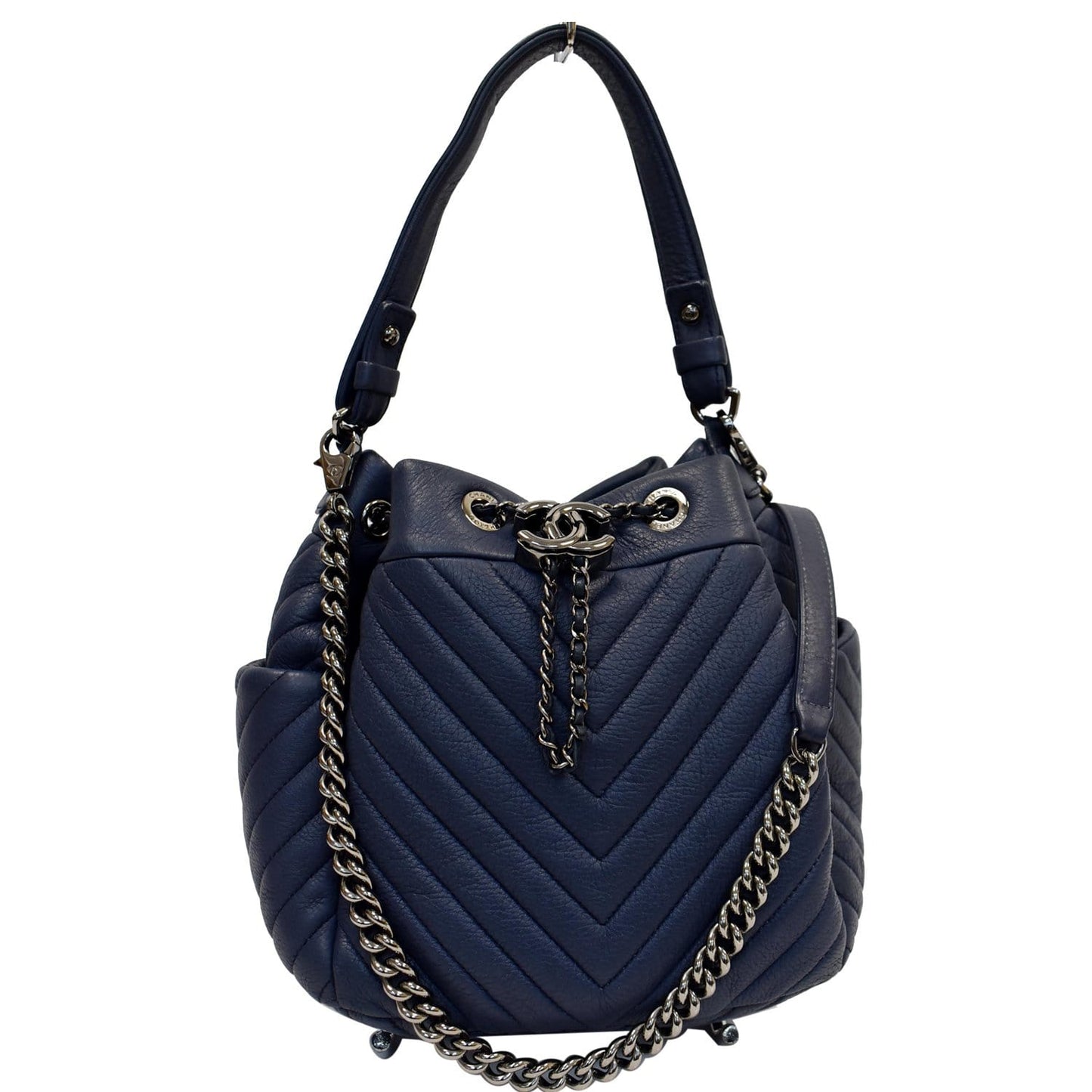 CHANEL Chevron Small CC Chain Bucket Deerskin Drawstring Shoulder Bag Blue