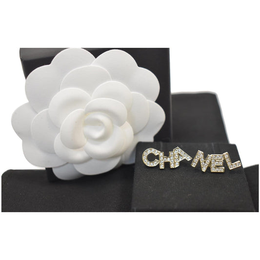 CHANEL 20B CHA NEL Stud Crystal Earrings Gold