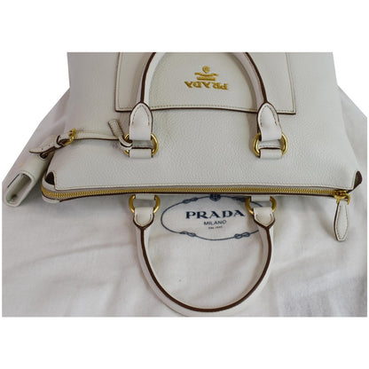 PRADA Vitello Daino Pebbled Leather Zip Tote Shoulder Bag White