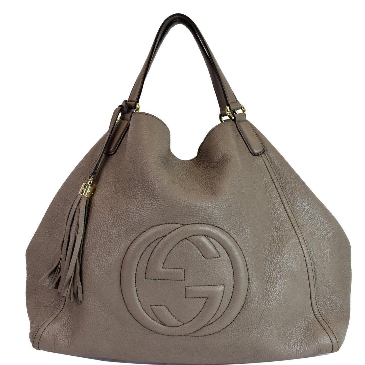 GUCCI Soho Top Handle Pebbled Leather Tote Bag Taupe 282308
