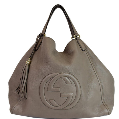 GUCCI Soho Top Handle Pebbled Leather Tote Bag Taupe 282308
