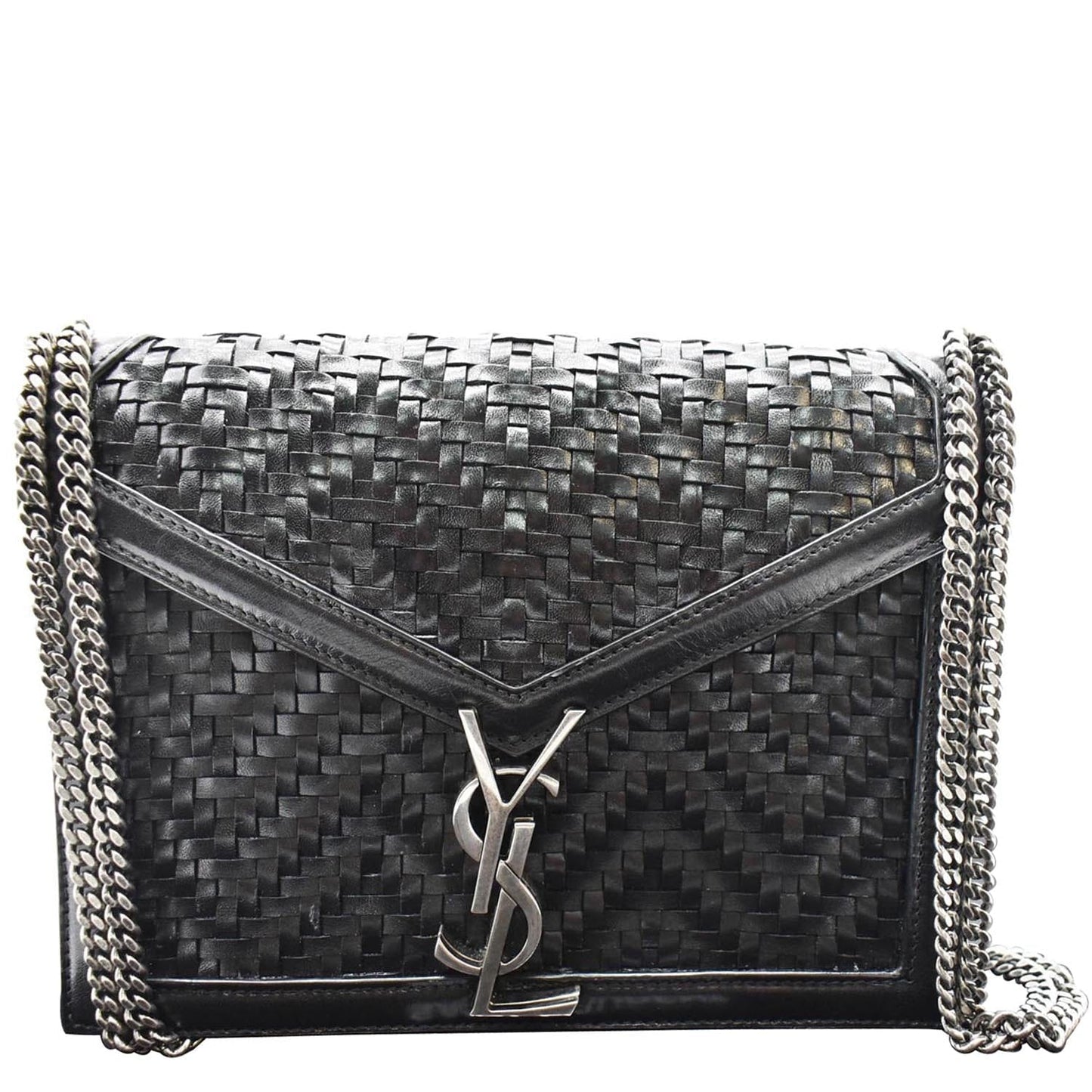 YVES SAINT LAURENT Cassandra Medium Woven Leather Chain Shoulder Bag Black