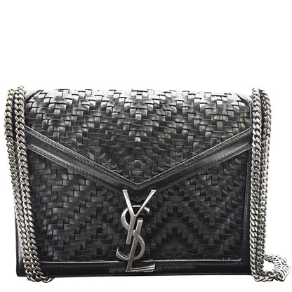 YVES SAINT LAURENT Cassandra Medium Woven Leather Chain Shoulder Bag Black