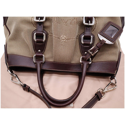 PRADA Jacquard Logo Canvas Leather Tote Shoulder Bag Beige