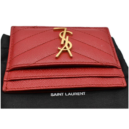 YVES SAINT LAURENT Monogram Grain Embossed Leather Card Case Red