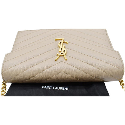 YVES SAINT LAURENT Matelasse Chevron Grain De Poudre Envelope Chain Wallet Beige