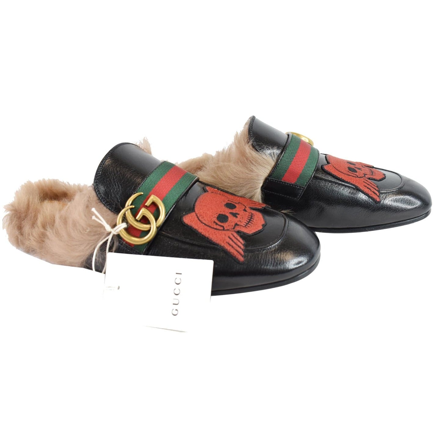 GUCCI Princetown Skull Angel Fur Leather Slipper Black US 7