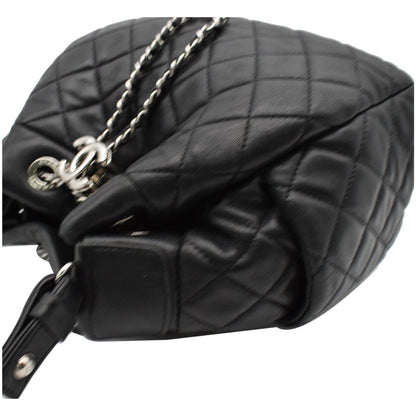 CHANEL Drawstring Bucket Quilted Lambskin Leather Shoulder Bag Black