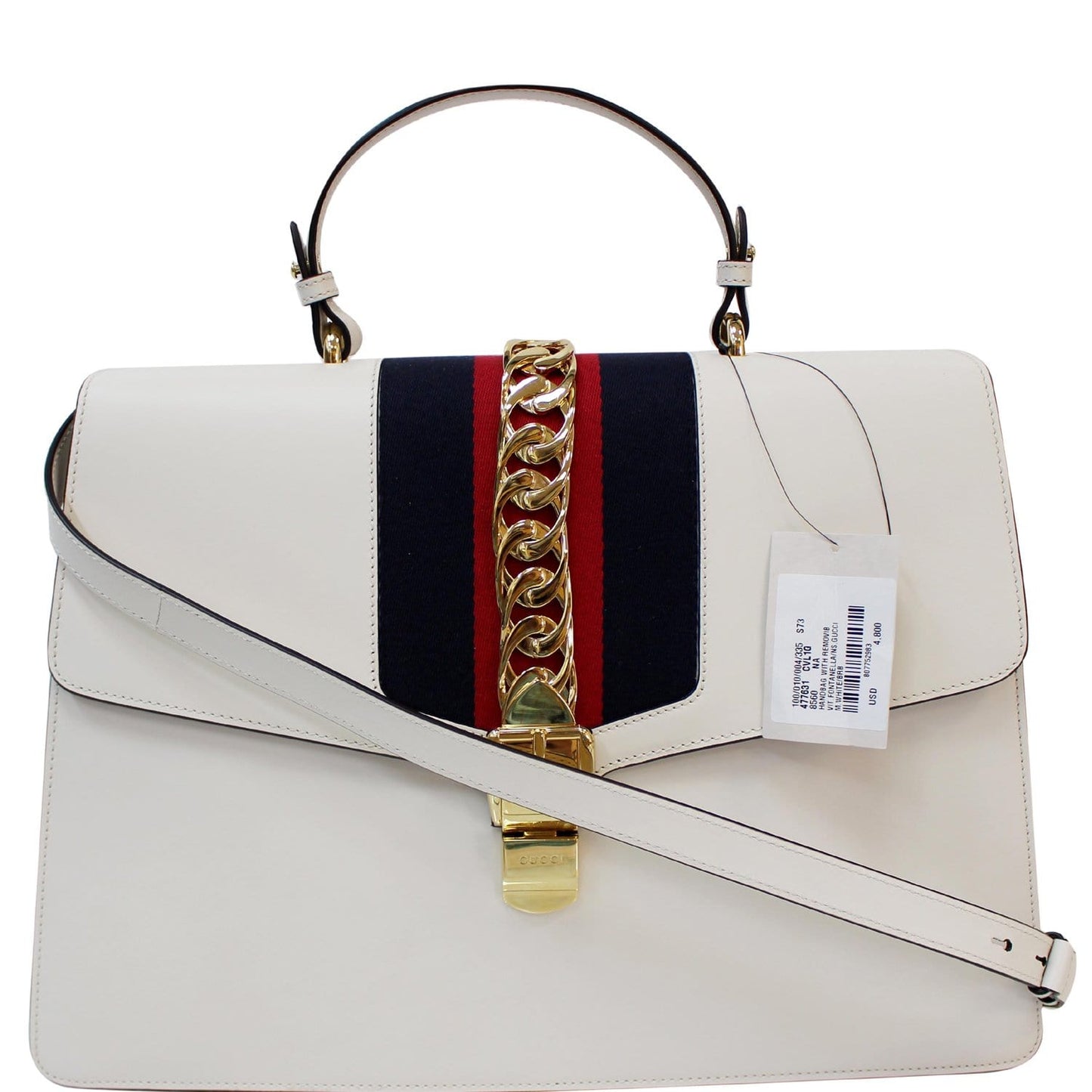 GUCCI Maxi Sylvie Calfskin Top Handle Bag White 477631