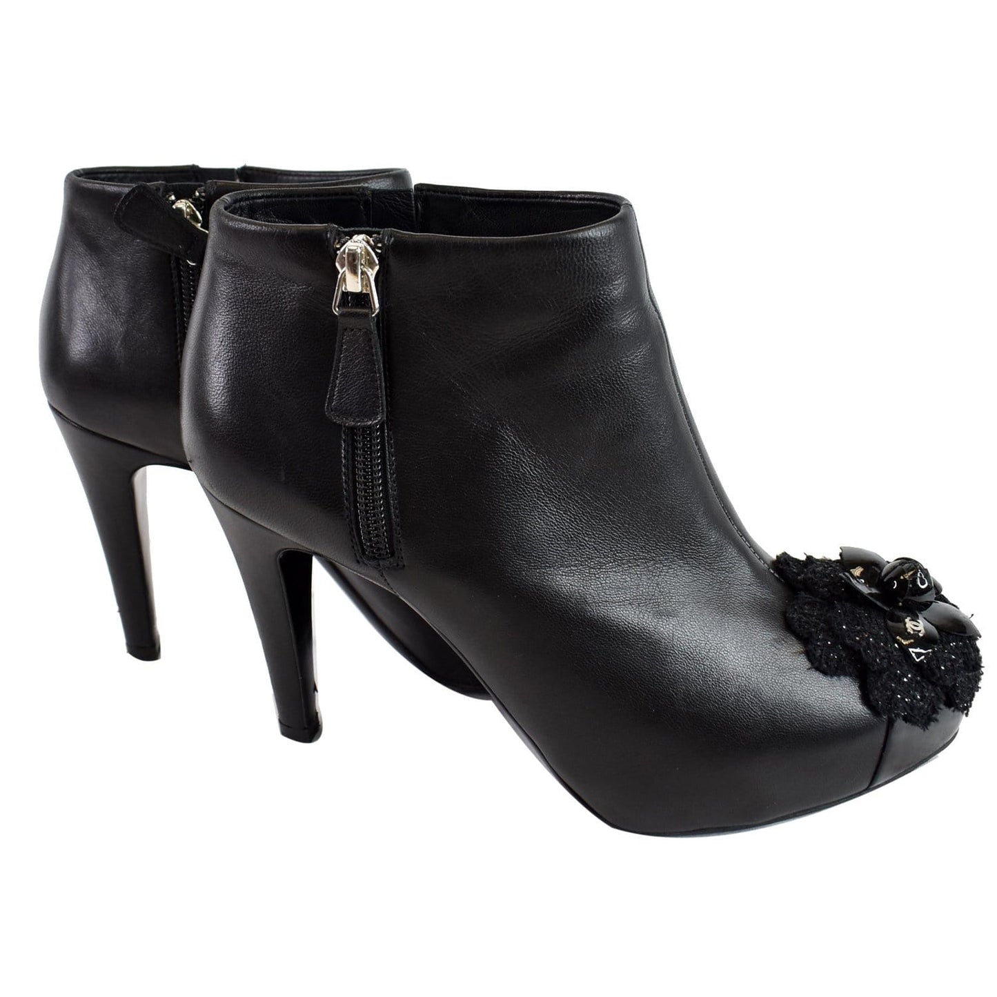 CHANEL Camellia Front Ankle Leather Heel Boots Black US 7.5