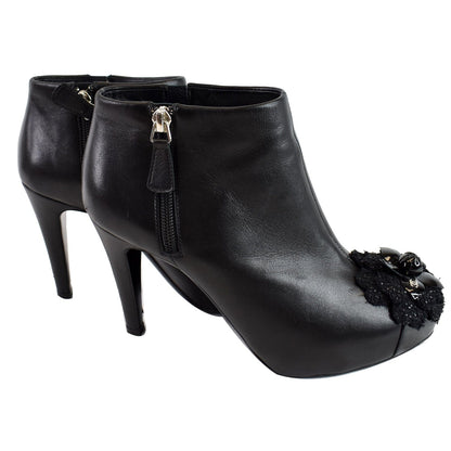 CHANEL Camellia Front Ankle Leather Heel Boots Black US 7.5
