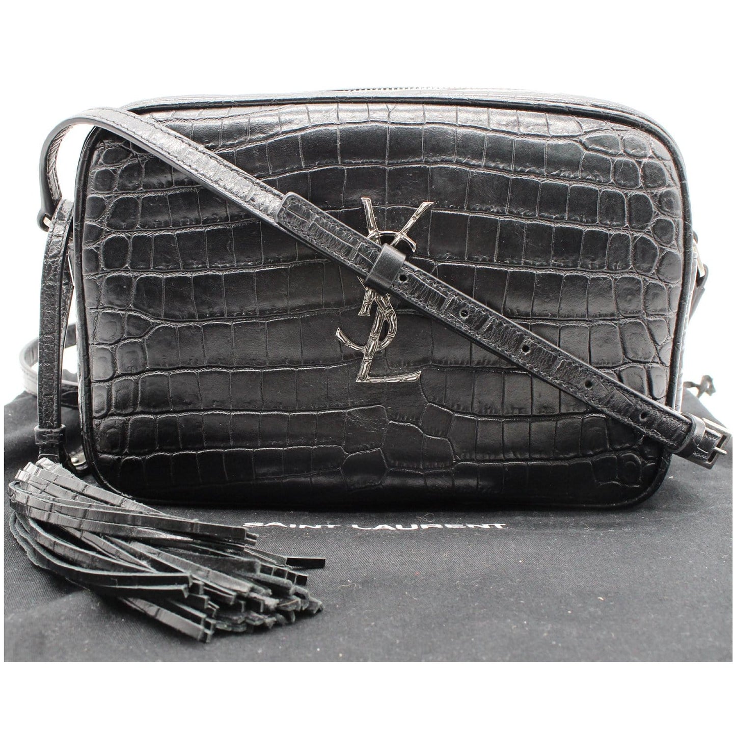 YVES SAINT LAURENT Lou Crocodile Embossed Leather Camera Crossbody Bag Black