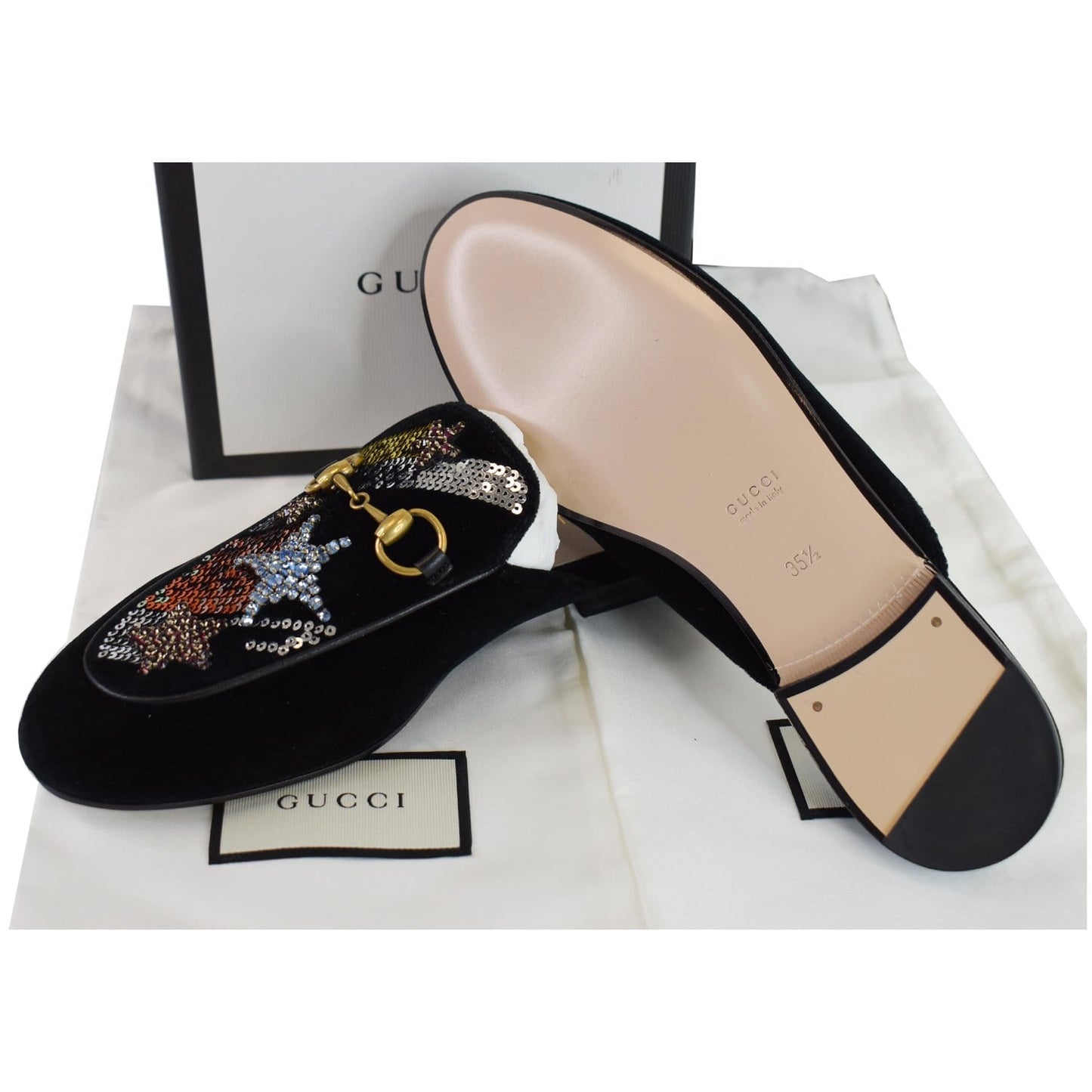 GUCCI Princetown Sequined Suede Mules Slipper Black US 5.5