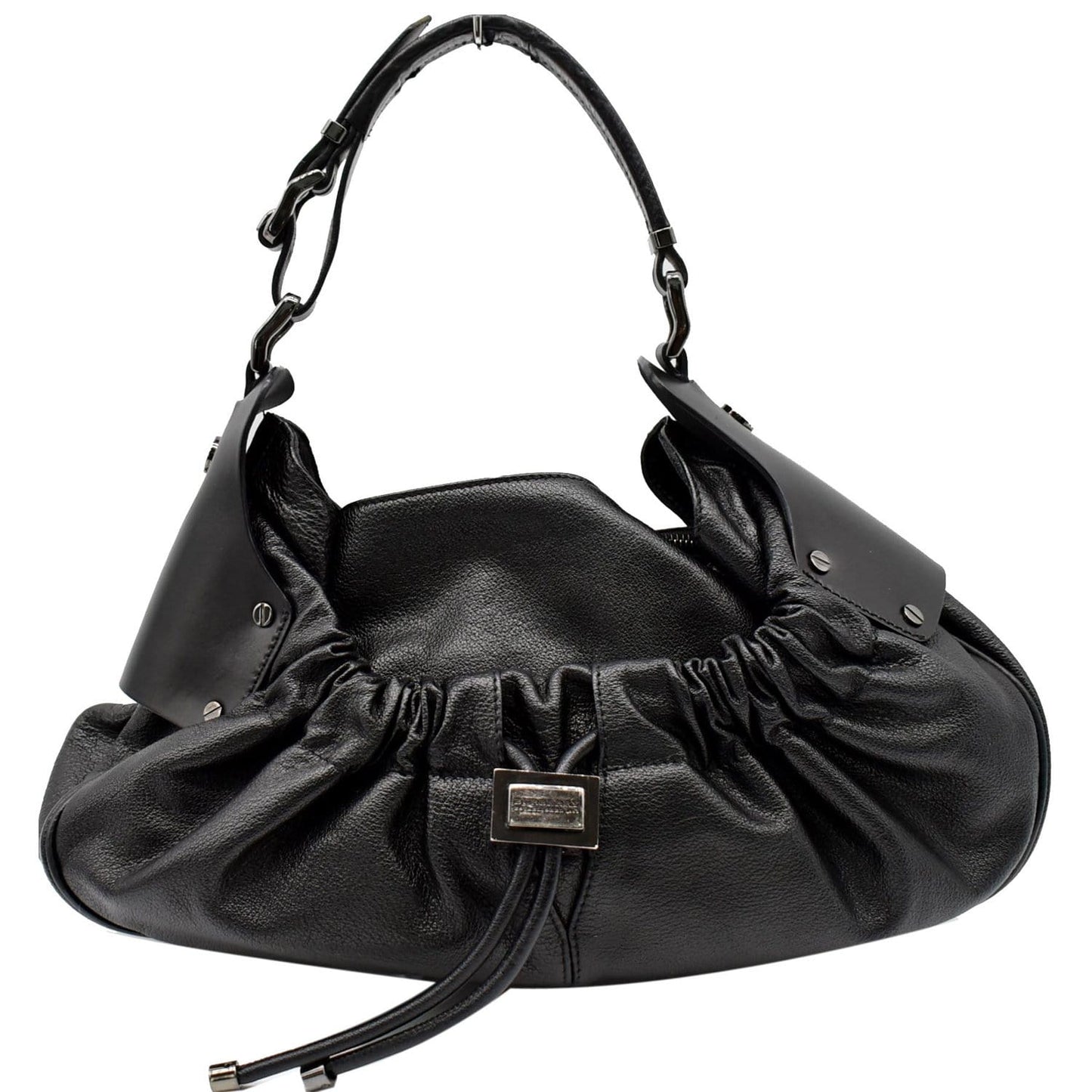 BURBERRY Warrior Drawstring Leather Hobo Bag Black