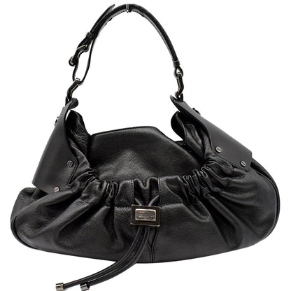 BURBERRY Warrior Drawstring Leather Hobo Bag Black
