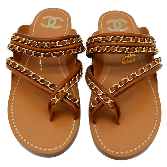 Chanel Thong CC Charm Leather Flat Sandals Brown 39