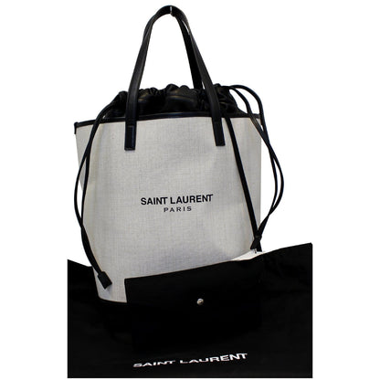 YVES SAINT LAURENT Teddy Canvas/Leather Drawstring Shopping Tote White/Black - Last Call