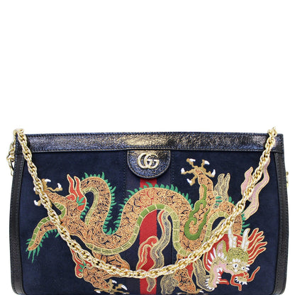 GUCCI Ophidia Dragon Embroidered Suede Leather Shoulder Bag Blue