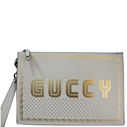 GUCCI GUCCY Star Print Leather Clutch Bag White 510489