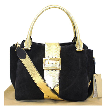 BURBERRY The Medium Buckle Suede and Snakeskin Tote Shoulder Bag Black