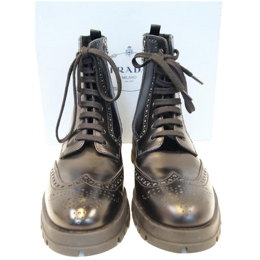 PRADA Combat Biker Lace up Side Zip Leather Ankle Boots Black US 10
