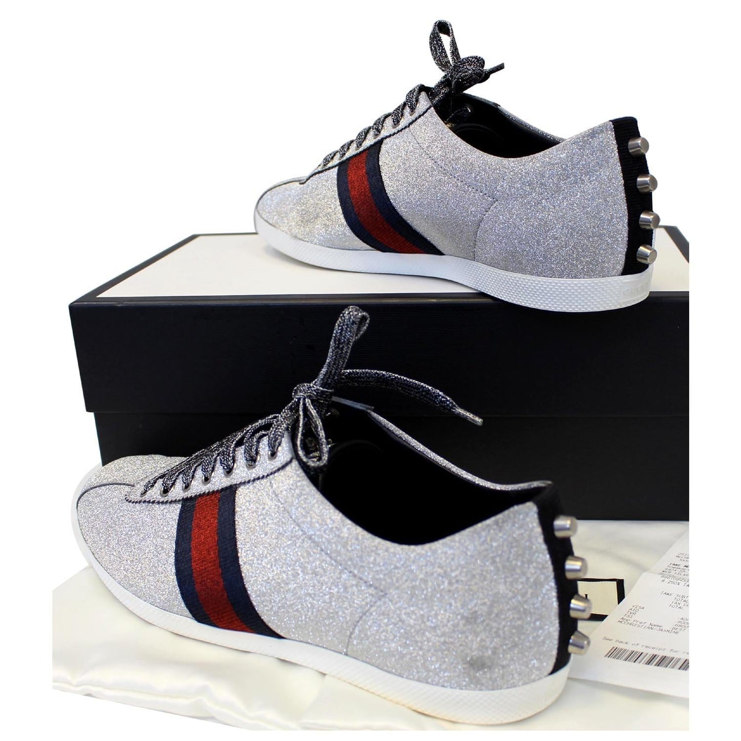 GUCCI Silver Glitter Web sneaker with Studs Size 11