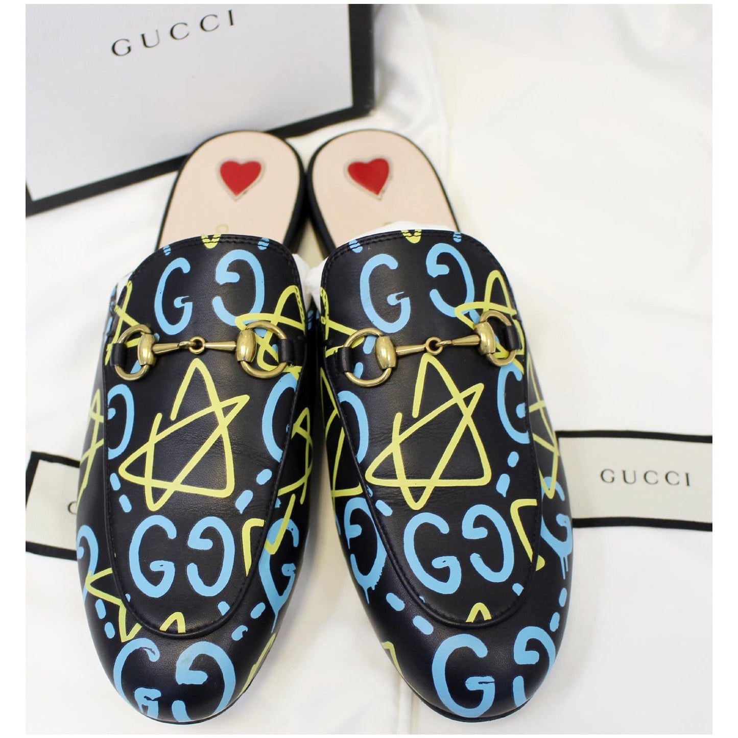GUCCI Princetown Gucci Ghost Print Flats Black US 7