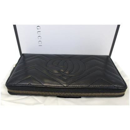 GUCCI Matelasse GG Marmont Zip Around Calfskin Wallet Black