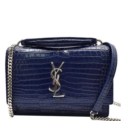 YVES SAINT LAURENT Sunset Medium Crocodile Leather Crossbody Bag Blue