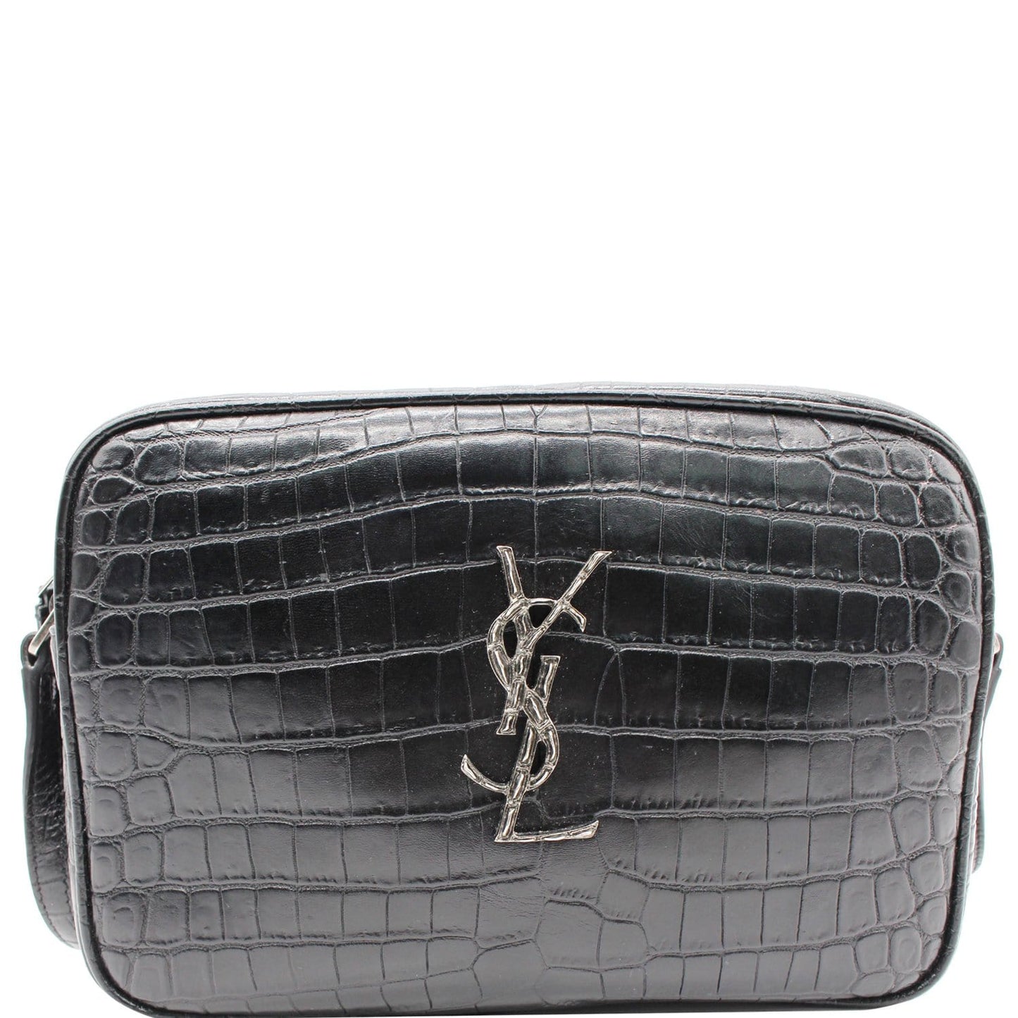 YVES SAINT LAURENT Lou Crocodile Embossed Leather Camera Crossbody Bag Black