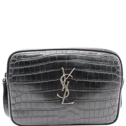 YVES SAINT LAURENT Lou Crocodile Embossed Leather Camera Crossbody Bag Black