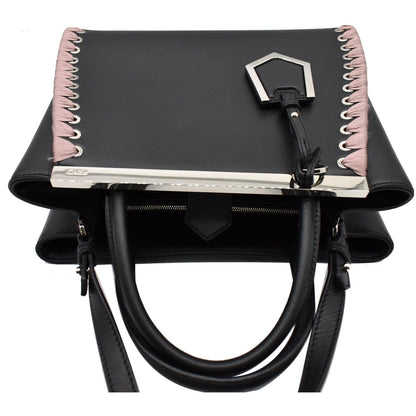 FENDI Petite 2Jours Whipstitch Leather Tote Shoulder Bag Black
