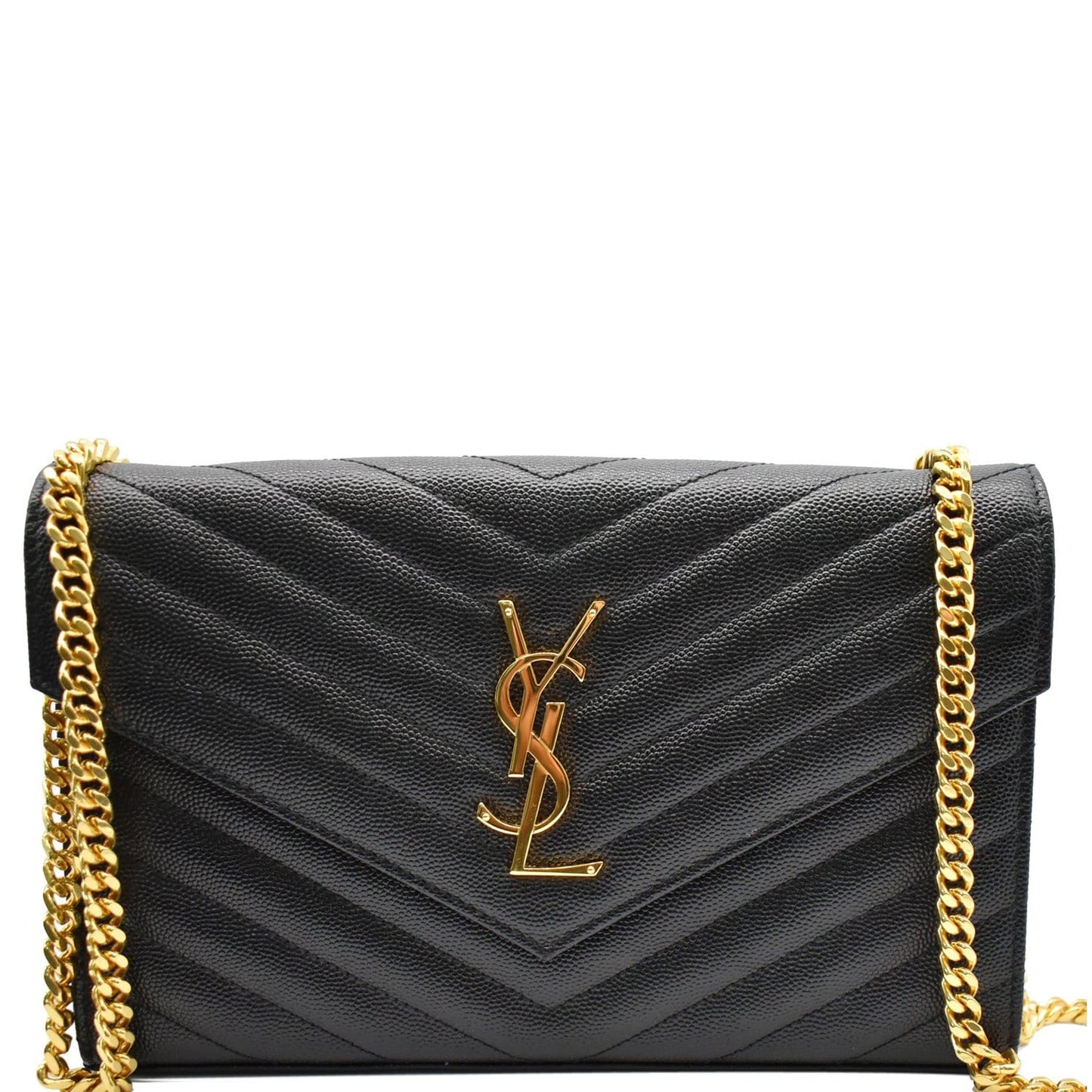 YVES SAINT LAURENT Monogram Envelope Leather Crossbody Chain Wallet Black