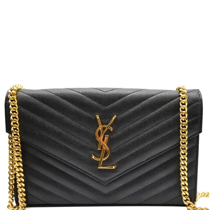 YVES SAINT LAURENT Monogram Envelope Leather Crossbody Chain Wallet Black